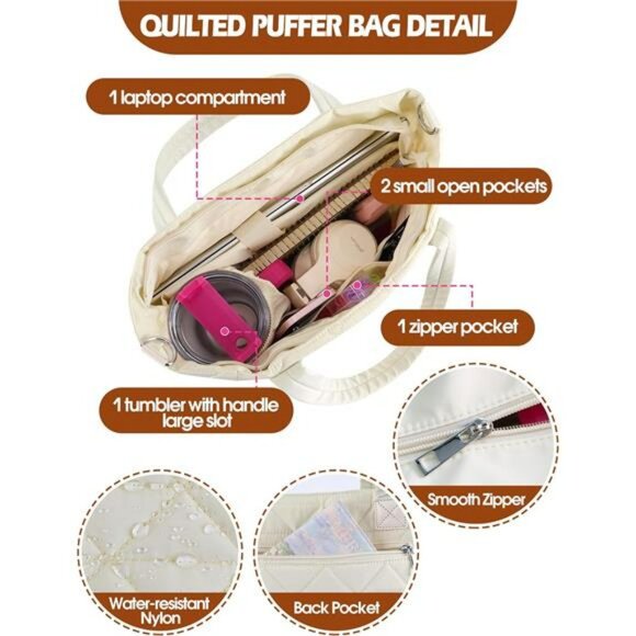 Quilted Puffer Tote Bag Work Travel College Bag Fits Stanley Cup Bottle - Picture 4 of 8